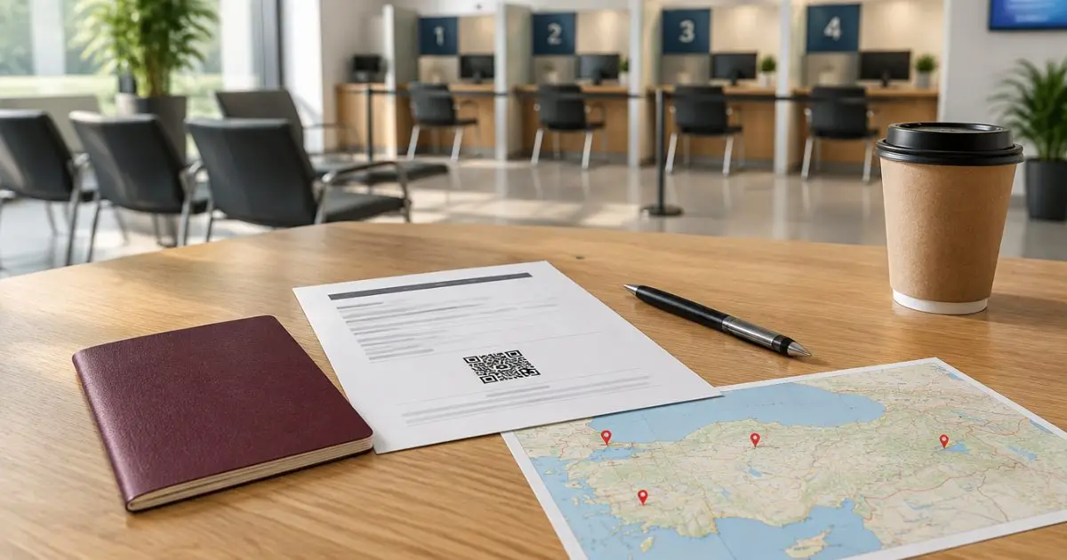 Vize başvuru merkezi bekleme salonu önünde pasaport ve randevu belgesi — temsili görsel