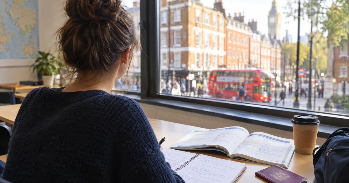 Londra'da dil okulu sınıfında pencere kenarında ders çalışan öğrenci — temsili görsel