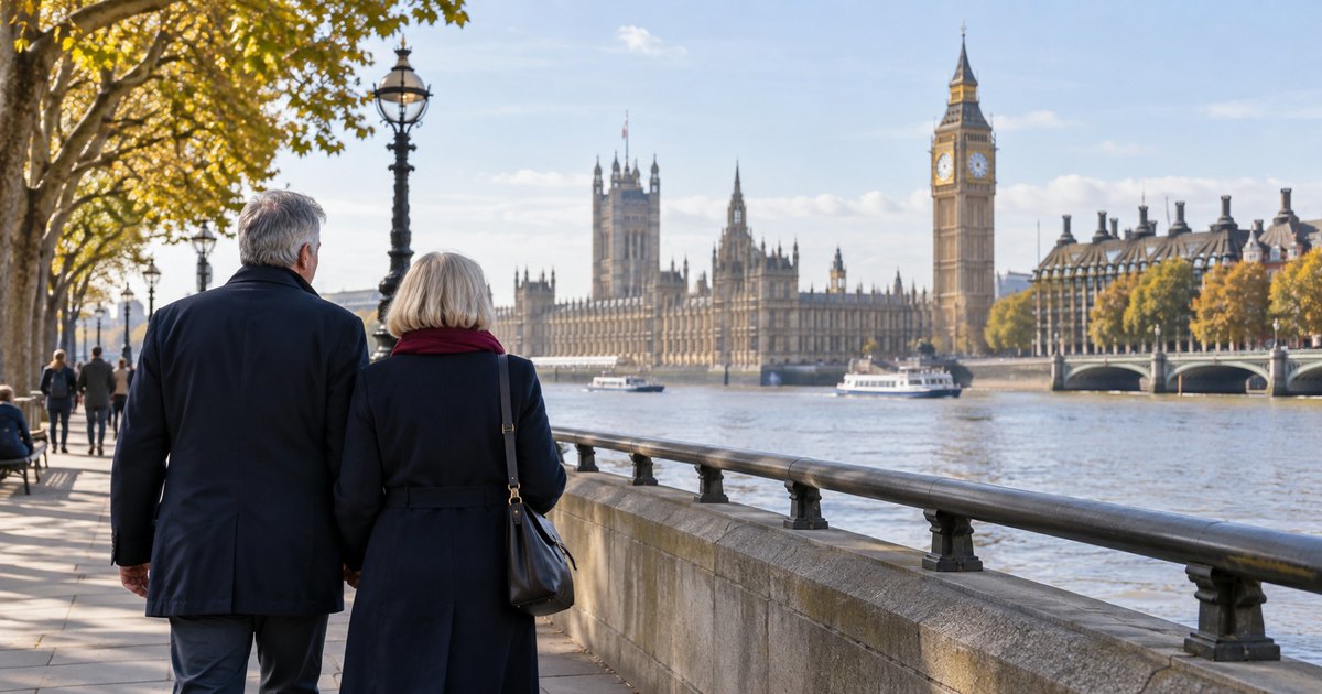 Thames kıyısında yürüyen çift — temsili görsel