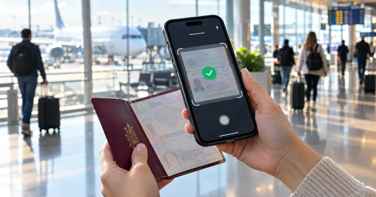 Havalimanında telefonla pasaport tarayan yolcunun elleri — temsili görsel
