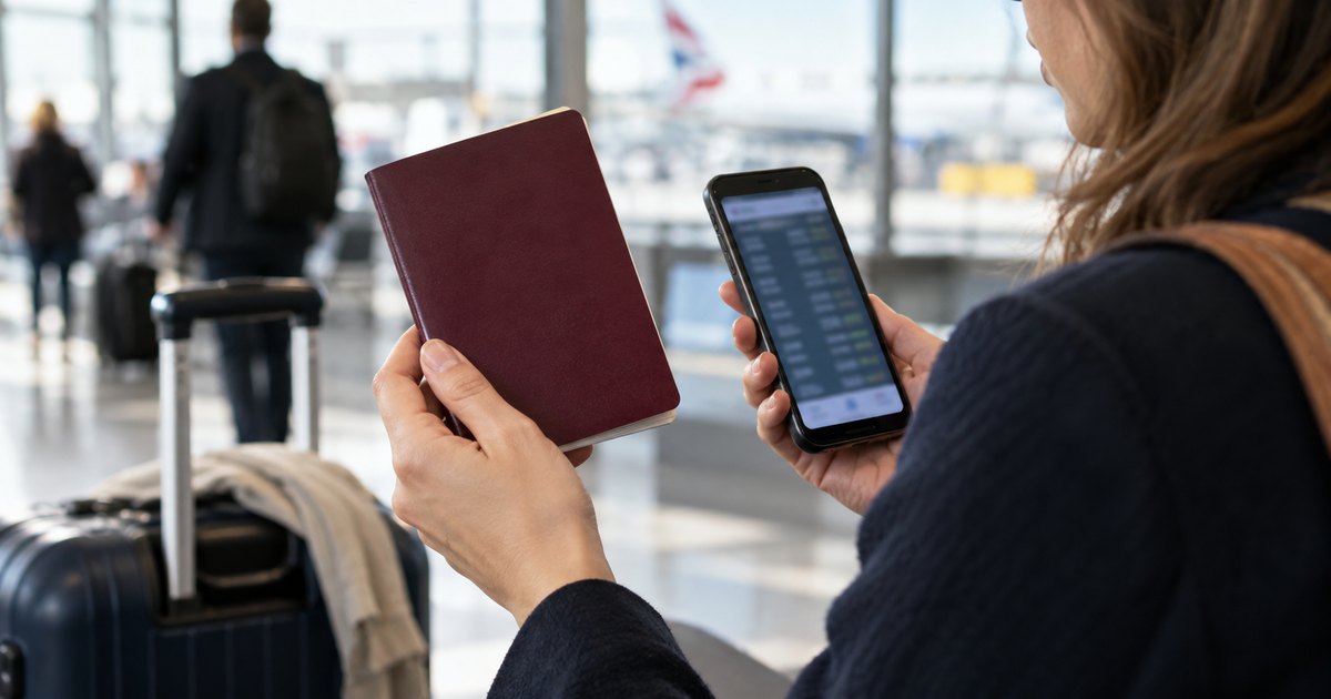 Havalimanında telefon ve seyahat belgesini kontrol eden yolcu — temsili görsel