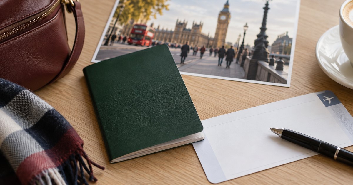 Londra seyahat hazırlığında yeşil pasaport temalı belge — temsili görsel