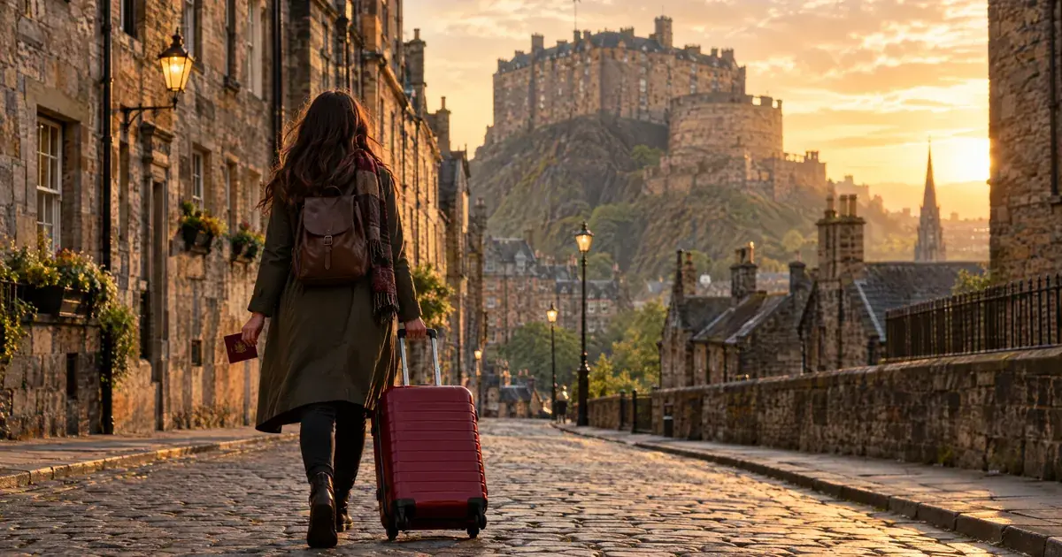 Edinburgh'da Arnavut kaldırımlı sokakta kırmızı bavuluyla yürüyen yolcu — temsili görsel