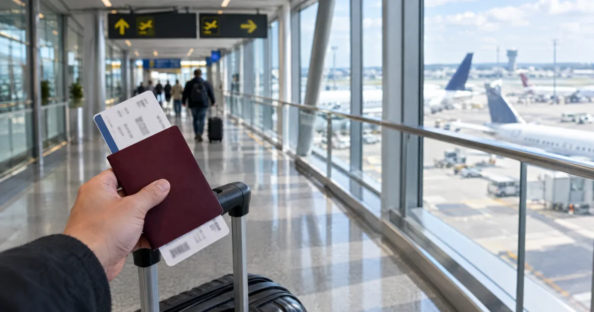 Havalimanı aktarma koridorunda pasaport ve biniş kartı tutan yolcu — temsili görsel