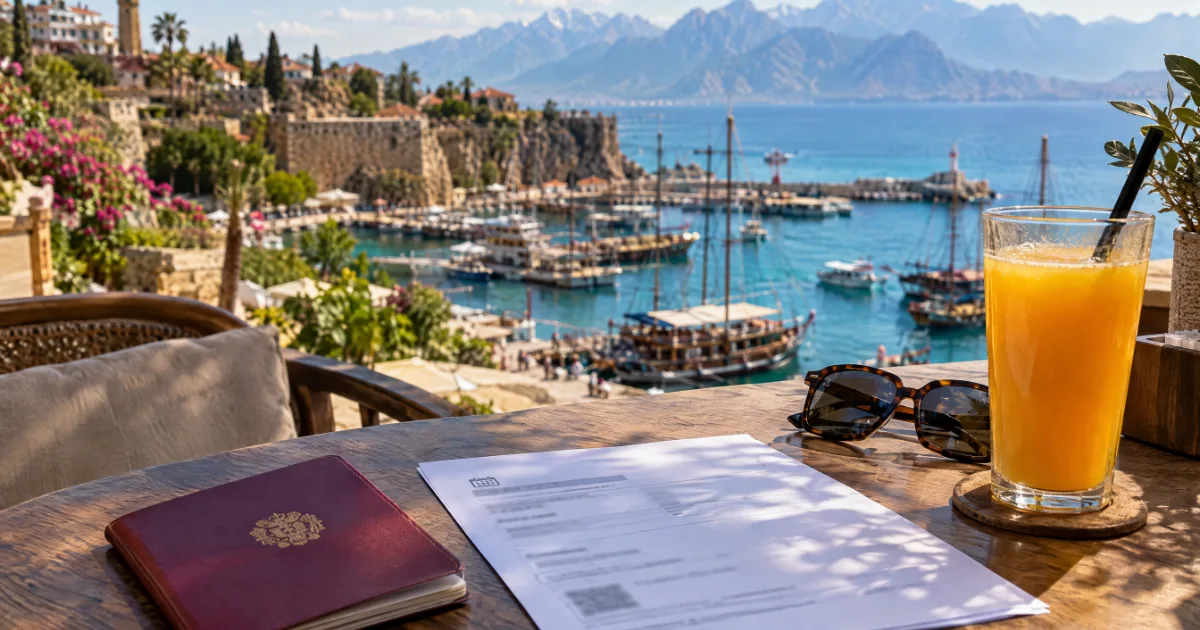 Antalya Kaleiçi limanı manzaralı masada pasaport ve randevu onayı — temsili görsel