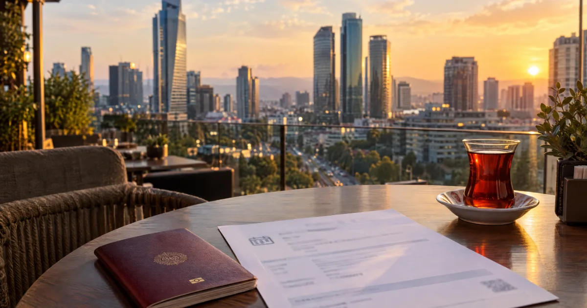 İstanbul Esentepe manzaralı kafe masasında pasaport ve randevu onayı — temsili görsel