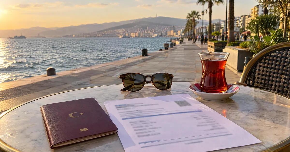 İzmir Kordon'da kafe masasında pasaport ve randevu onayı — temsili görsel