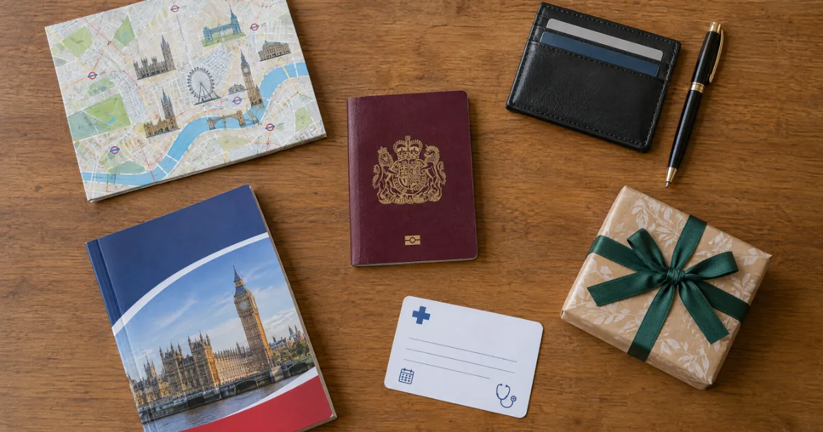 Pasaportun etrafında Londra haritası, kartvizit, İngilizce kitap ve hediye paketi — temsili görsel